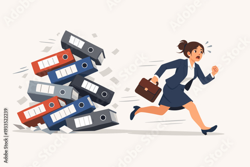 Overworked and Exhausted Businesswoman Running Away from a Falling Stack of Office Binders and Paperwork, Concept of Workload Stress, Burnout, Deadline Pressure, and Task Overload in Business