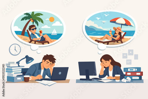 Tired office workers man and woman sitting at desks with laptops and dreaming of tropical beach vacation. Concept of burnout, stress, and work-life balance with employees thinking of holiday.
