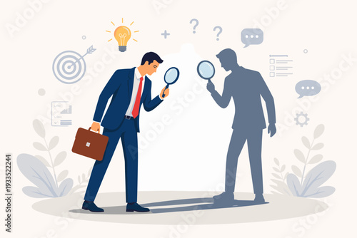 Self Assessment and Analysis for Personal Development Concept. Businessman with Magnifying Glass Looking at His Shadow for Self Reflection, Career Growth, Problem Solving, and Work Improvement.