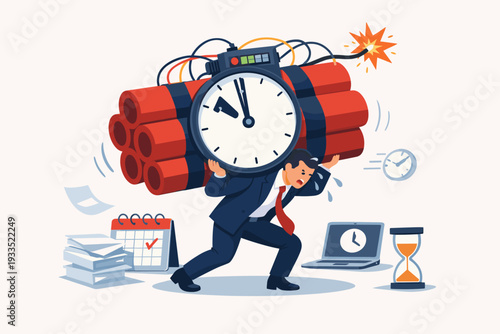 Stressed businessman carrying a giant time bomb on his back, representing extreme work pressure, urgent deadlines, and time management crisis in a corporate office setting flat vector illustration.