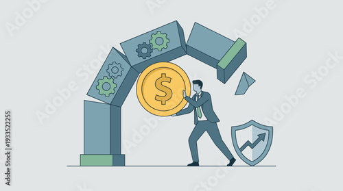 Businessman Using Large Gold Dollar Coin to Support Crumbling Archway with Gears, Metaphor for Financial Crisis Solution, Economic Stability, Risk Management, and Business Growth Strategy