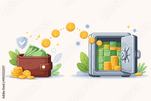 Vector Illustration of Sending Money from a Wallet to a Secure Safe, Representing Savings, Bank Deposits, Financial Security, Wealth Management, and Personal Investment Concept in Flat Style
