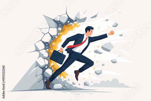 Businessman bursting through a stone wall, a powerful metaphor for overcoming challenges, achieving success, and pushing past limits. Concept of professional growth, strength, and ambition.