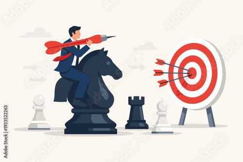 Businessman Riding a Knight Chess Piece and Holding a Large Dart Aiming at a Target Board. Concept of Business Strategy, Achievement of Goals, Leadership, and Successful Planning for Growth.
