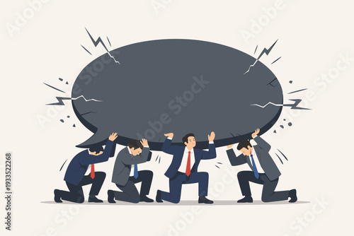 Businessmen in suits kneeling and struggling to support a massive, heavy, cracked speech bubble, symbolizing the burden of words, communication pressure, responsibility, and negative impact.