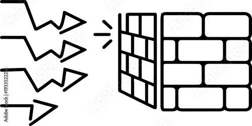 Arrows hitting a brick wall, symbolizing resistance, barrier, or cybersecurity firewall. Minimal Line Art Illustration, Minimalist Icon.