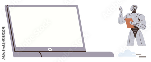 Artificial intelligence, automation, technology, robotics, digital education, machine learning. Robot holding clipboard near laptop. Artificial intelligence and automation technology concept