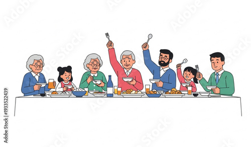 Family meal vector illustration with grandparents, parents, and children enjoying food together