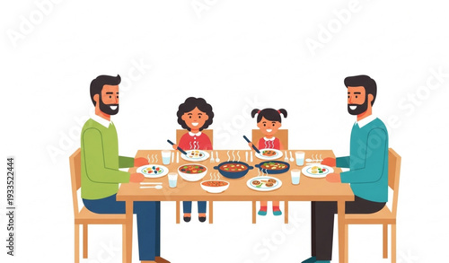 Family dinner vector illustration with parents and kids eating home cooked food together