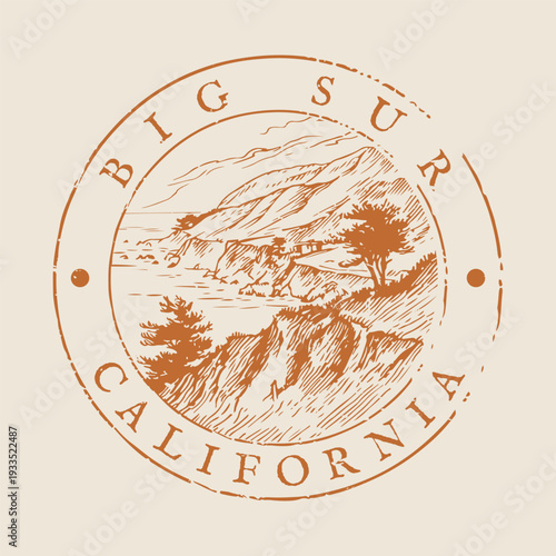 Vintage Big Sur California badge featuring the iconic landscape and rugged coastal redwoods