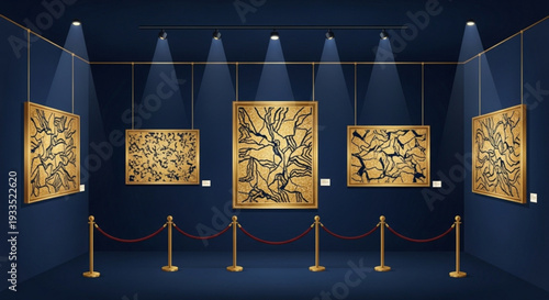 Golden artwork exhibited in a dark room with spotlights and velvet ropes