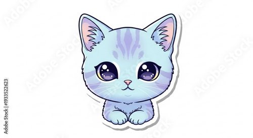 Cute light blue cartoon cat with big eyes and purple stripes on forehead sitting on white background