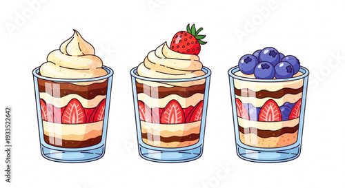 Three dessert glasses with strawberries and blueberries topped with cream