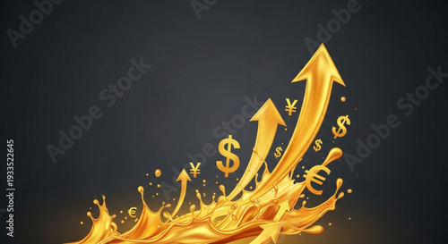 Golden arrows with currency symbols rising upwards on dark background with splashes indicating financial growth and success
