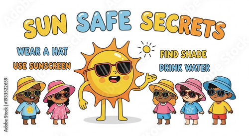 Cartoon sun and children promoting sun protection with hats and sunglasses on white background