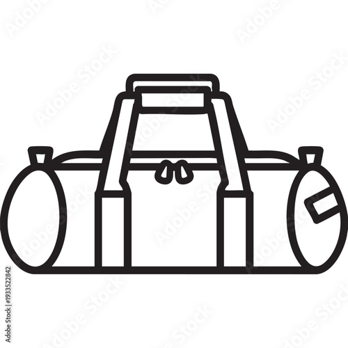 Simple line illustration of a gym bag with pouches on a plain background from a front viewpoint