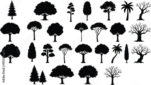 Collection of black tree silhouettes, featuring diverse species like pine, oak, palm, and leafless winter branches for nature vector design