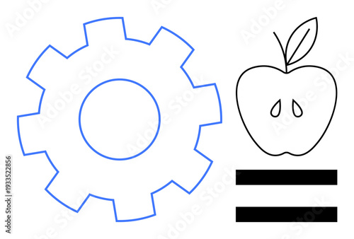 Blue gear next to a black outline of an apple and equality lines symbolizing harmony between technology and nature. Ideal for innovation, sustainability, balance, harmony, progress, education, simple