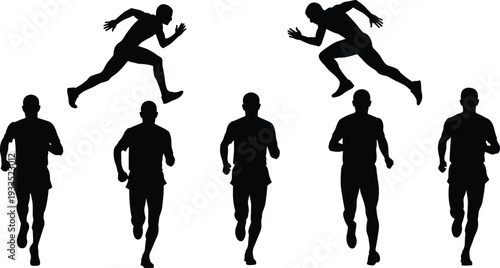 Black silhouette of male runners and sprinters in various poses and motion for sports competition, athletic training, and fitness