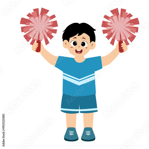 Cute little boy wearing a cheerleading uniform with pom-poms in her hands. vector illustration.