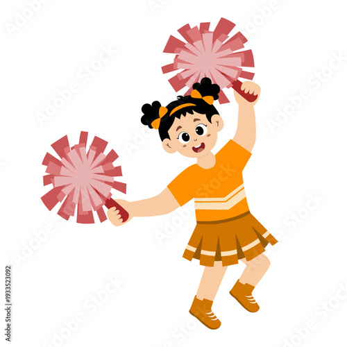 Cute little girl wearing a cheerleading uniform with pom-poms in her hands. vector illustration.