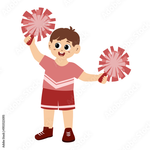 Cute little boy wearing a cheerleading uniform with pom-poms in her hands. vector illustration.