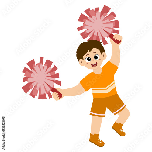 Cute little boy wearing a cheerleading uniform with pom-poms in her hands. vector illustration.