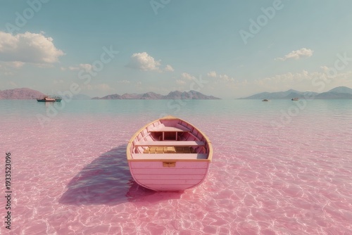 Pink boat in pink lake, mountains horizon, blue sky