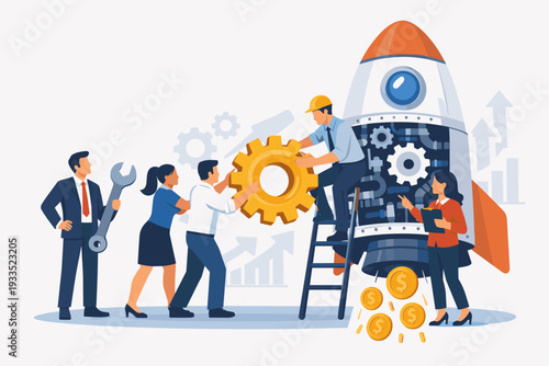 Business Team Collaborating to Fix a Rocket Engine for Increased Productivity and Economic Growth, Professional People Working Together to Generate Income, Success and Innovation Illustration.