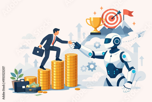 Artificial Intelligence Supporting Business Success Concept with a Robot Helping a Businessman Climb a Coin Staircase to Reach Goals, Financial Growth, and Achievement in Modern Vector Design.