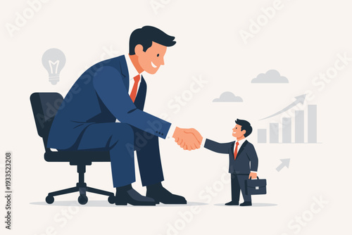 Big Businessman Sitting in Office Chair Shaking Hands with Tiny Businessman, Business Partnership and Mentorship Concept, Large Corporation Investing in Small Startup, Growth and Success Icon.