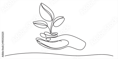Minimalist one line art illustration of a hand cradling a young sprout representing growth and care. Vector, illustration