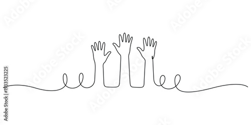 Continuous single line drawing of a group of hands raised up, Concepts for teamwork, unity, or voting