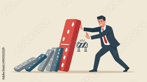 Businessman in a Suit Trying to Stop a Domino Effect Chain Reaction, Crisis Management and Risk Mitigation Concept, Professional Man Pushing a Large Red Domino to Prevent Total Business Failure
