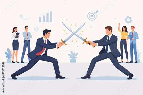Two Businessmen in Suits Dueling with Swords in an Office Setting, Representing Corporate Competition, Rivalry, and Conflict. Colleagues Watching the Battle with Business Icons in Background.