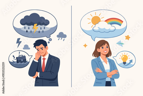Wallpaper Mural Business People with Positive and Negative Thinking Concept. Sad Man with Stormy Thoughts and Sinking Briefcase vs Happy Woman with Sunny Ideas and Rainbow. Pessimism and Optimism Vector Design. Torontodigital.ca