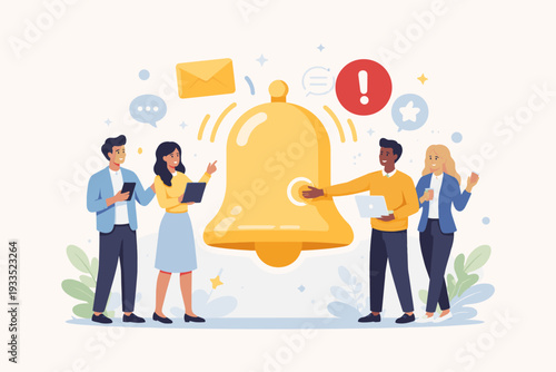 Diverse Business Team Ringing a Large Golden Notification Bell for Online News, Messages, and Subscriptions. Professionals Using Tablets and Laptops for Digital Communication and Alerts.