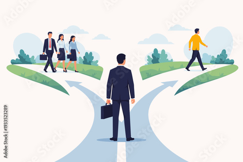 Businessman standing at a crossroads making a difficult career decision between joining a professional team or following a solo path. Concept of choice, strategy, and business success direction.