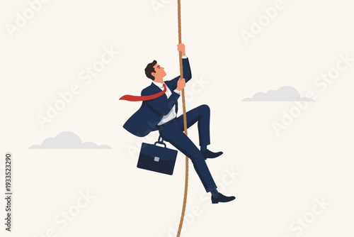 Businessman in a Suit Climbing Up a Rope in the Sky with Briefcase, Vector Illustration Concept of Determination, Effort, Strength, Ambition, Career Growth, Success, and Overcoming Challenges.