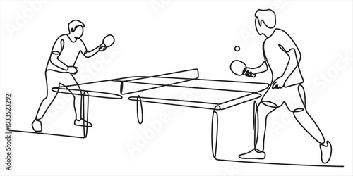 Continuous line drawing of two men playing a match of table tennis across a net on a table. Vector, illustration