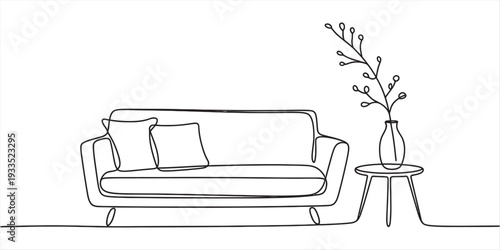Minimalist continuous line drawing of a modern sofa with cushions and a side table with a vase. Vector, illustration