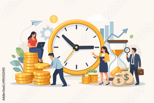 Business People Managing Wealth and Productivity with Large Clock and Hourglass, Financial Investment Concept with Stacks of Gold Coins and Money Bags, Time is Money Vector Illustration.