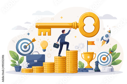 Businessman climbing gold coin stairs to reach a giant golden key of success, business growth concept with target, trophy, rocket, and lightbulb icons, career achievement vector illustration.