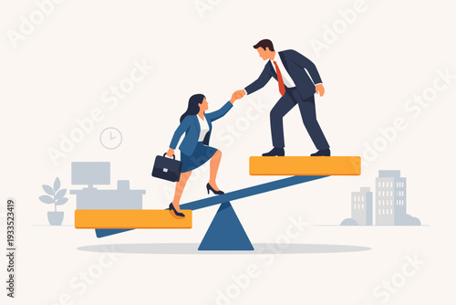 Gender Equality in Office Concept with Businessman Helping Businesswoman Climb Up a Seesaw Lever, Symbolizing Career Advancement, Workplace Diversity, Mentorship, and Professional Support