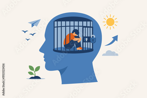 Psychological Concept of a Mind Prison: Human Head with a Personal Mental Trap as a Closed Cage. Illustration of Depression, Anxiety, and the Path Toward Personal Growth, Recovery, and Freedom.