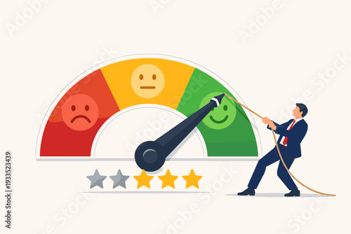 Businessman pulling a rope to move a gauge needle towards the green happy face zone, symbolizing customer satisfaction, performance rating improvement, quality control, and business success.