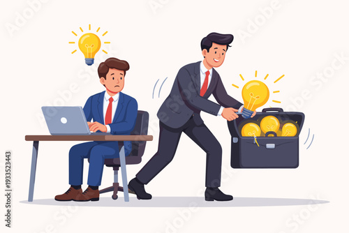 Businessman Stealing Creative Ideas from a Colleague, Intellectual Property Theft Concept with Lightbulbs in a Briefcase, Plagiarism and Corporate Espionage Flat Vector Illustration Design