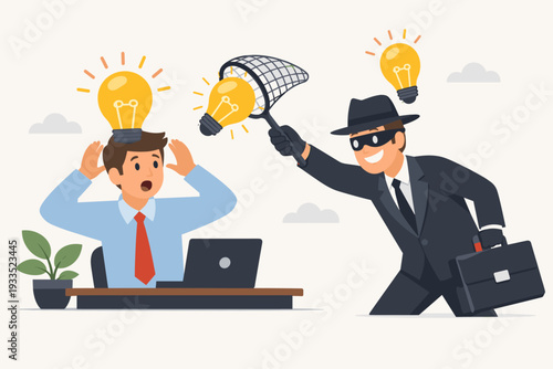 Businessman Stealing Creative Idea from Another Man with a Net Vector Illustration. Concept of Intellectual Property Theft, Corporate Espionage, Plagiarism, and Unfair Business Competition.