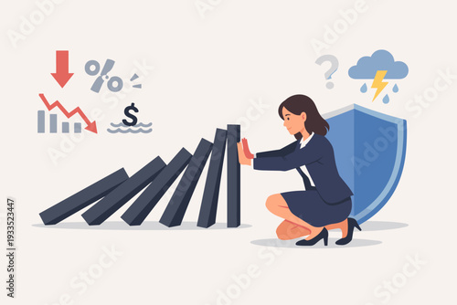 Businesswoman Stopping Falling Dominoes to Prevent Financial Crisis and Investment Failure. Concept of Risk Management, Protection, and Economic Resilience with Shield and Market Crash Symbols.