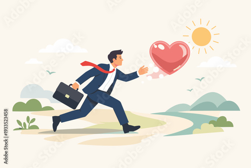 Businessman in a suit running towards a floating heart symbol, representing a search for a passionate career, self-motivation, chasing dreams, and finding happiness in his professional life.